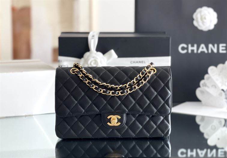Quilted Caviar Leather Gold-Tone Black Classic Double Flap Bag – CB035