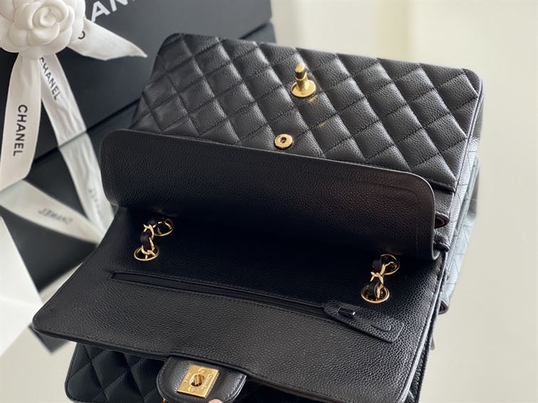 Quilted Caviar Leather Gold-Tone Black Classic Double Flap Bag – CB035