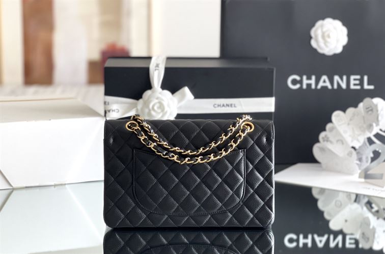Quilted Caviar Leather Gold-Tone Black Classic Double Flap Bag – CB035