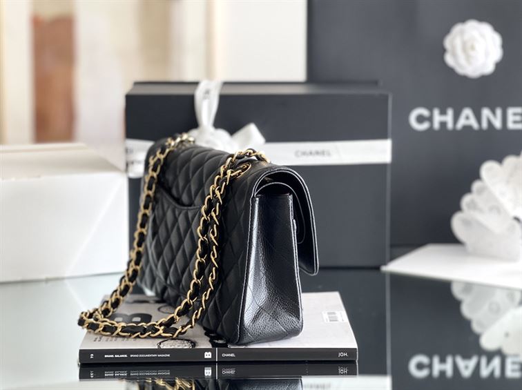 Quilted Caviar Leather Gold-Tone Black Classic Double Flap Bag – CB035