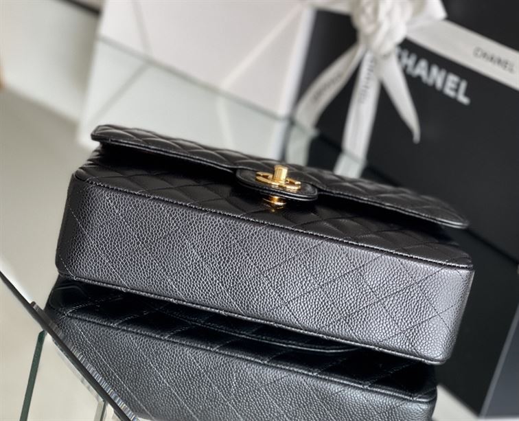 Quilted Caviar Leather Gold-Tone Black Classic Double Flap Bag – CB035