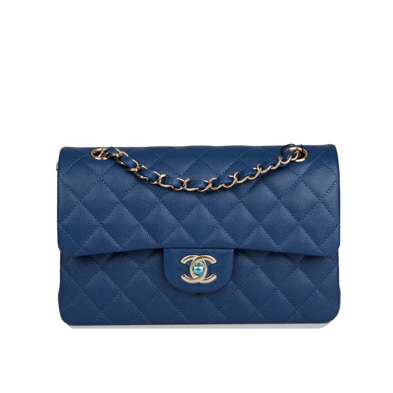 Quilted Caviar Leather Gold-Tone Dark Blue Classic Double Flap Bag – CB037