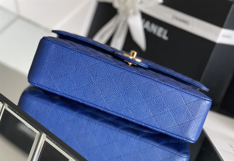 Quilted Caviar Leather Gold-Tone Dark Blue Classic Double Flap Bag – CB037