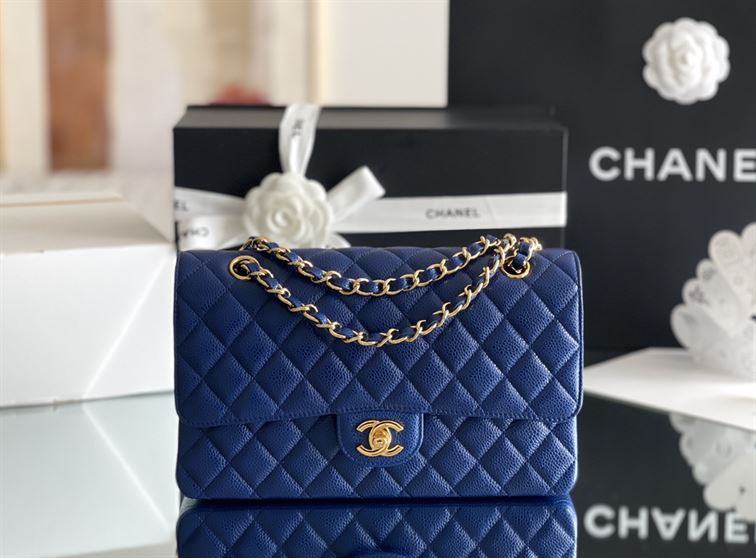 Quilted Caviar Leather Gold-Tone Dark Blue Classic Double Flap Bag – CB037