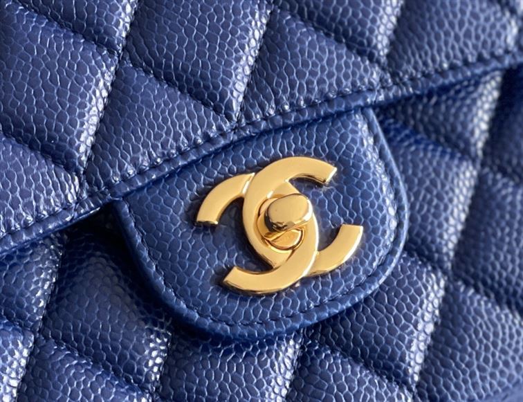 Quilted Caviar Leather Gold-Tone Dark Blue Classic Double Flap Bag – CB037