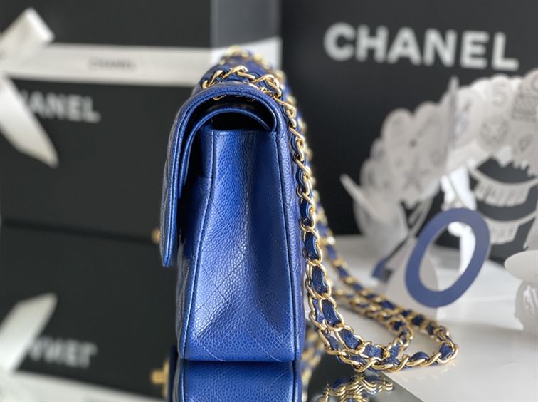 Quilted Caviar Leather Gold-Tone Dark Blue Classic Double Flap Bag – CB037