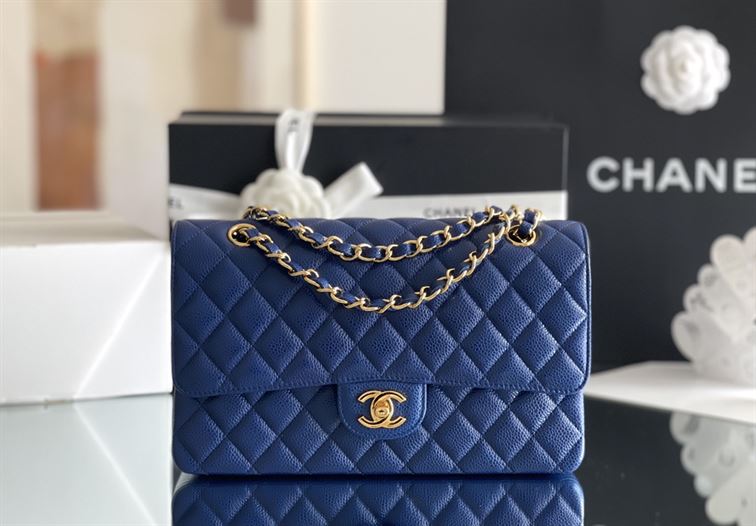 Quilted Caviar Leather Gold-Tone Dark Blue Classic Double Flap Bag – CB037