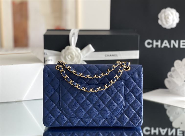 Quilted Caviar Leather Gold-Tone Dark Blue Classic Double Flap Bag – CB037