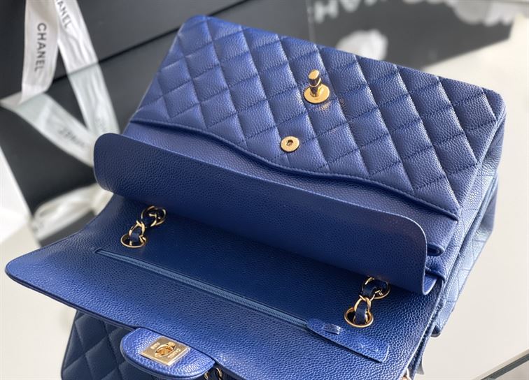 Quilted Caviar Leather Gold-Tone Dark Blue Classic Double Flap Bag – CB037