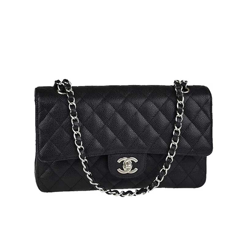 Quilted Caviar Leather Silver-tone Black Classic Double Flap Bag – CB036