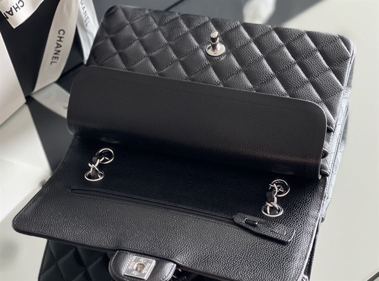Quilted Caviar Leather Silver-tone Black Classic Double Flap Bag – CB036