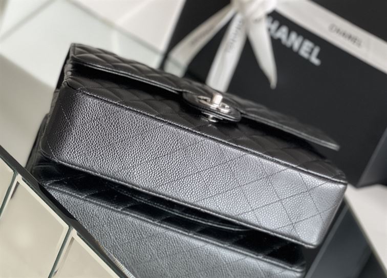 Quilted Caviar Leather Silver-tone Black Classic Double Flap Bag – CB036