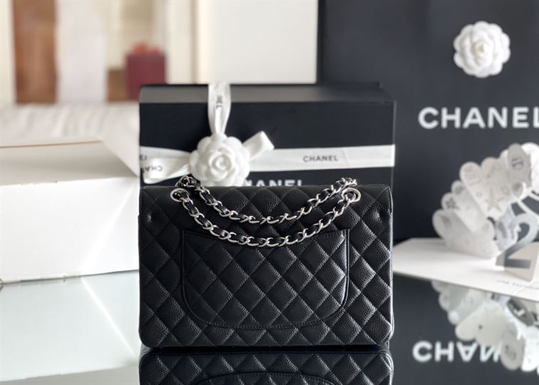 Quilted Caviar Leather Silver-tone Black Classic Double Flap Bag – CB036