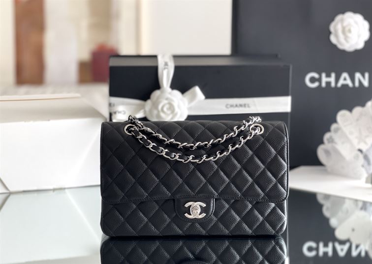 Quilted Caviar Leather Silver-tone Black Classic Double Flap Bag – CB036