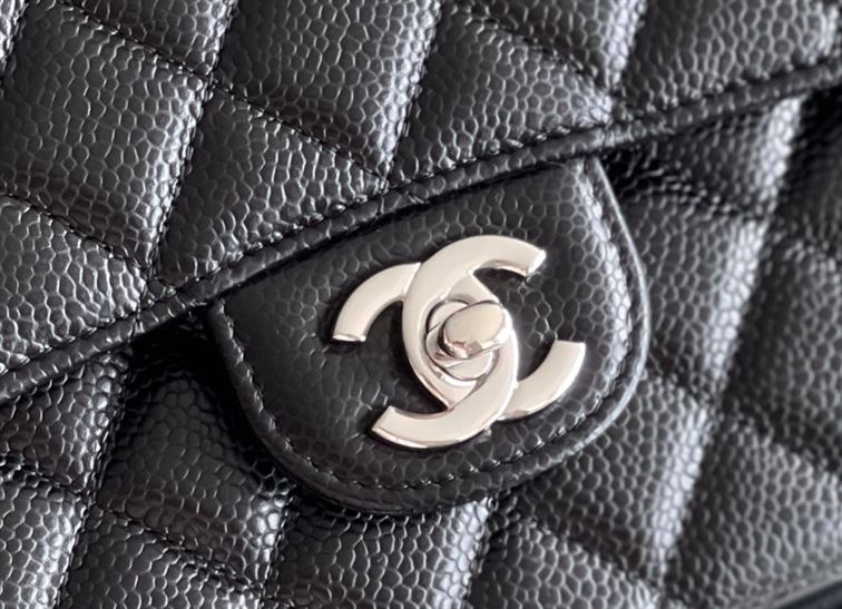 Quilted Caviar Leather Silver-tone Black Classic Double Flap Bag – CB036