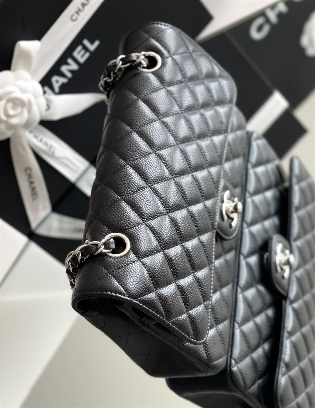 Quilted Caviar Leather Silver-tone Black Classic Double Flap Bag – CB036