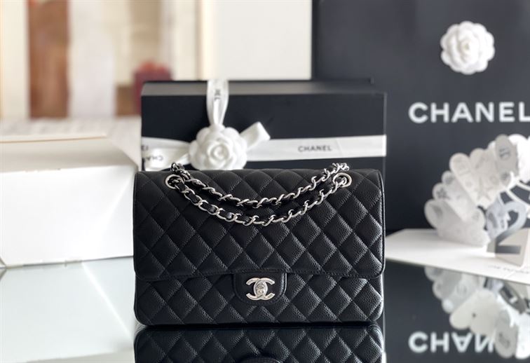 Quilted Caviar Leather Silver-tone Black Classic Double Flap Bag – CB036