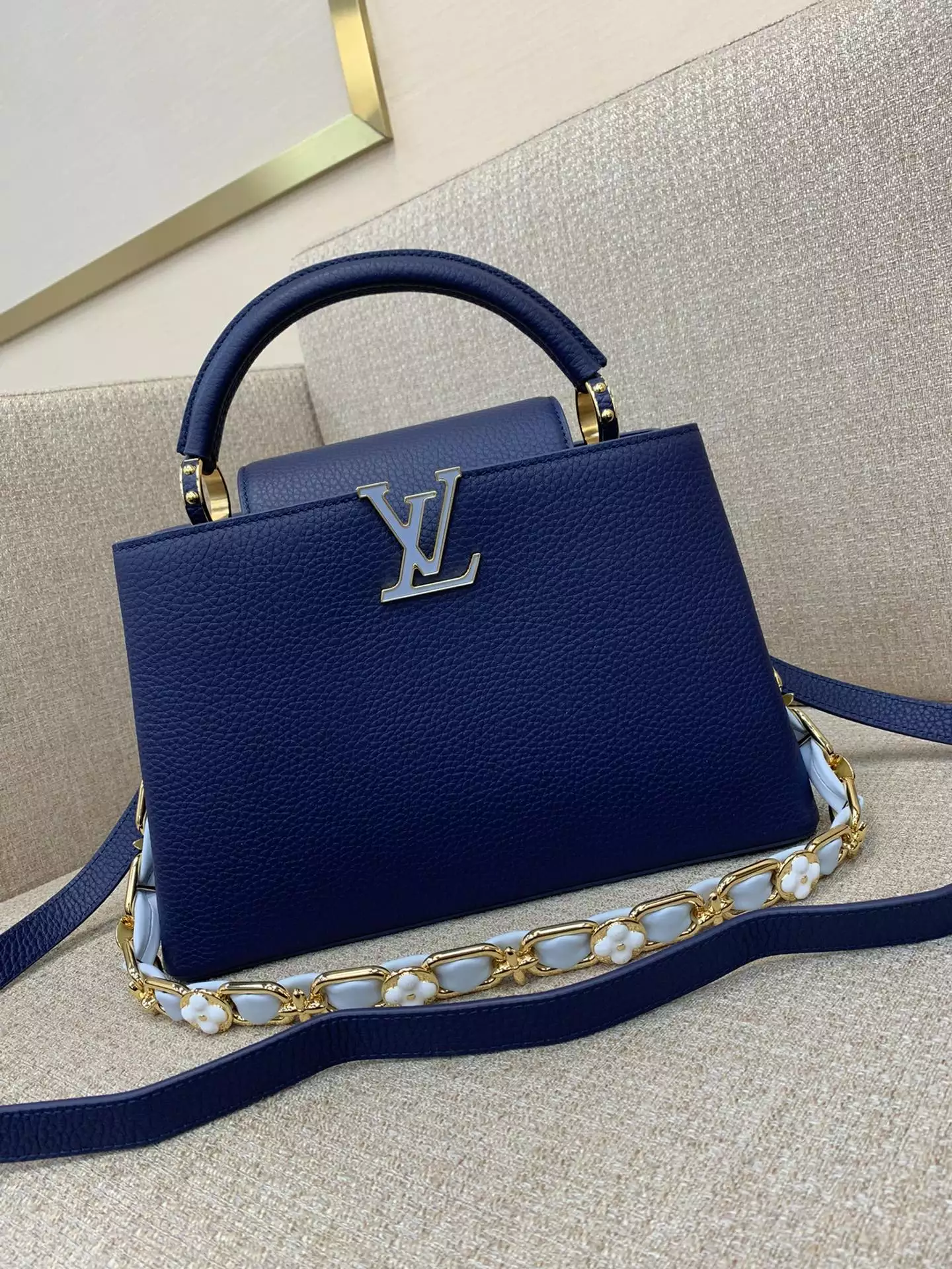 Capucines MM Blossom Chain Handbag French Blue