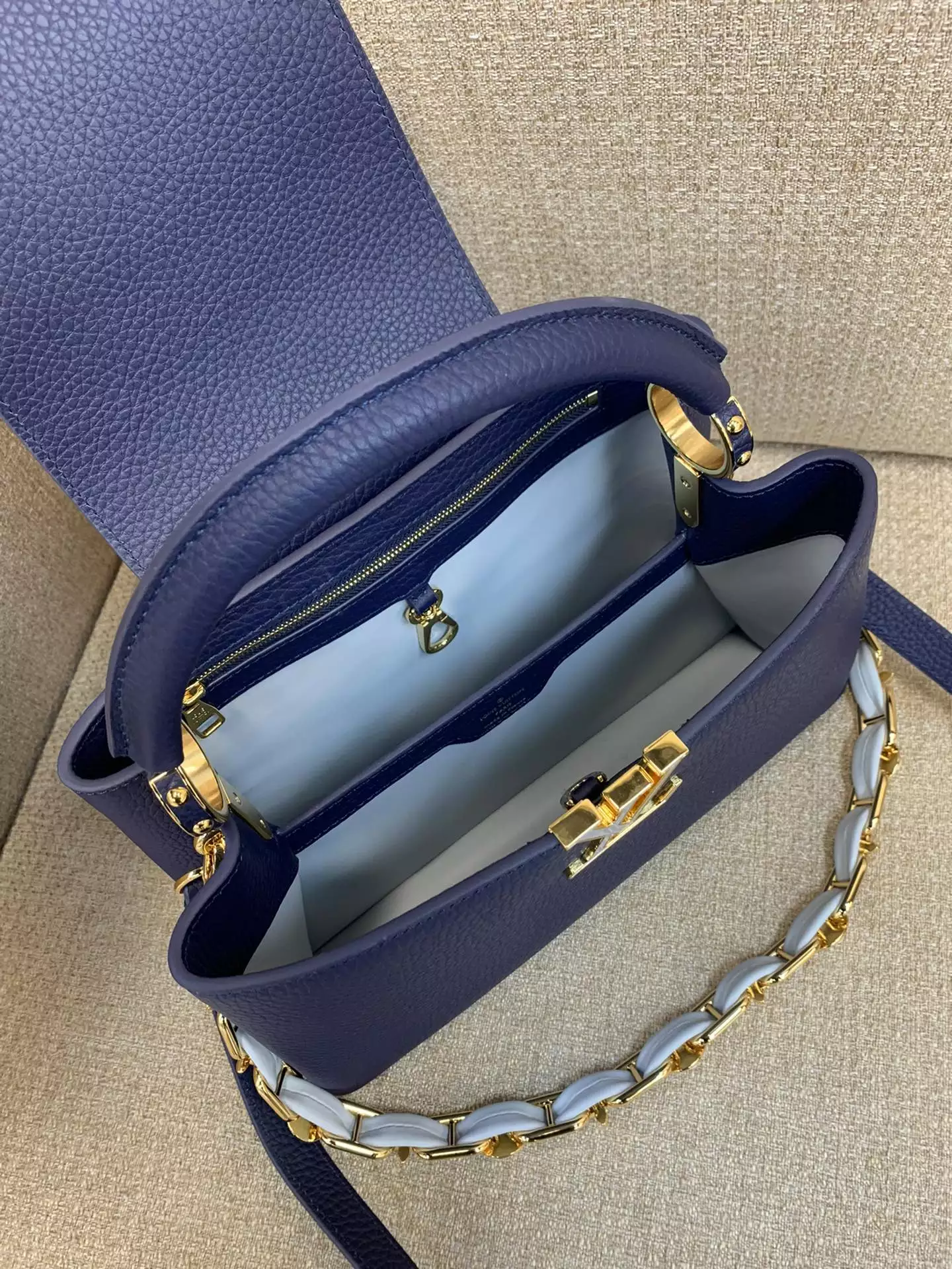 Capucines MM Blossom Chain Handbag French Blue
