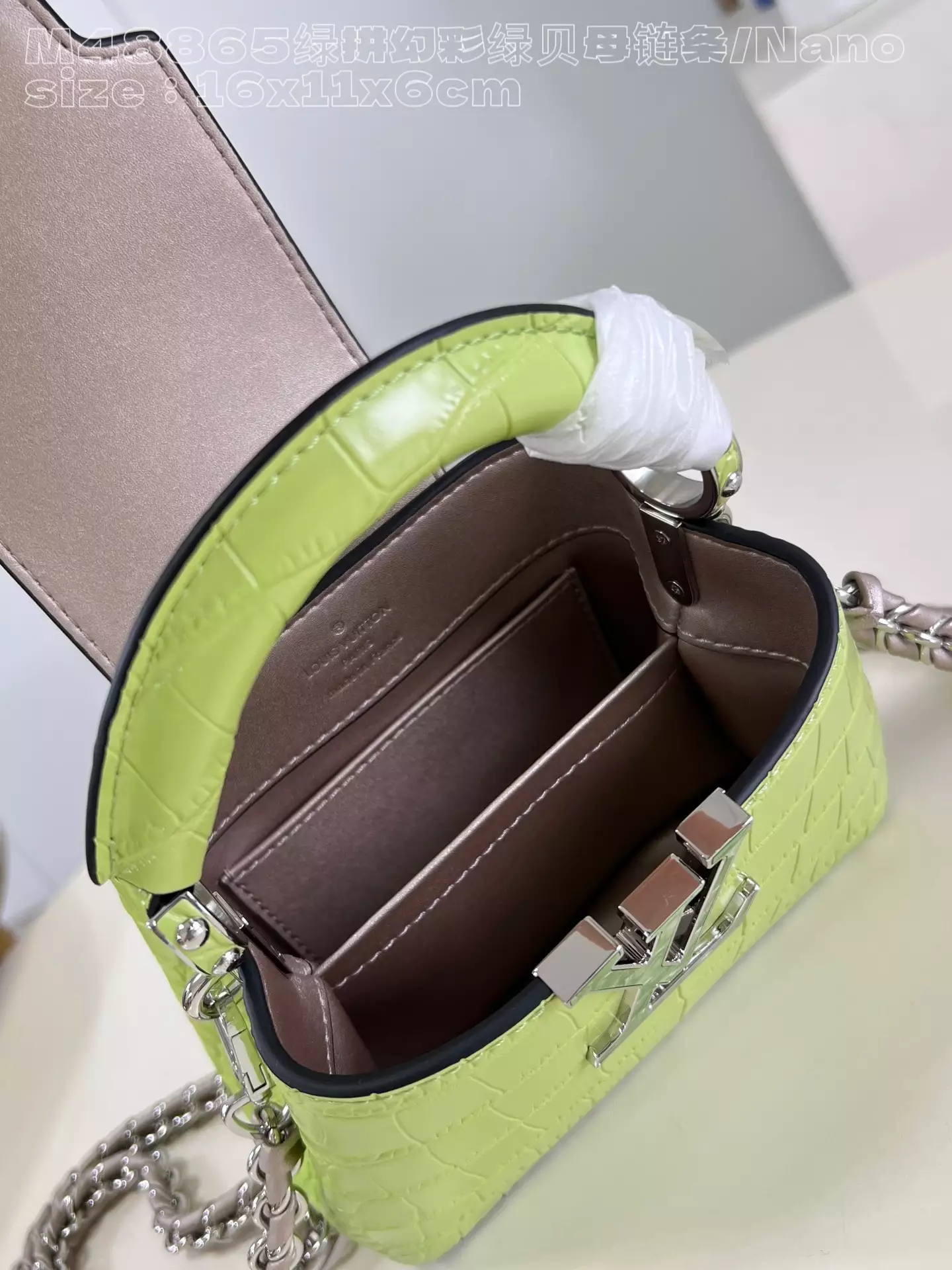 Capucines Nano Crocodilian Brillant Lime Leather