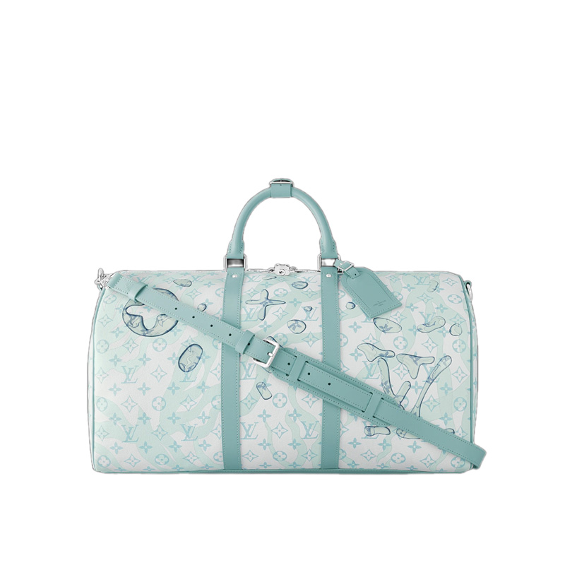 Keepall Bandoulière 50 Monogram Aquagarden Canvas Crystal Blue Leather