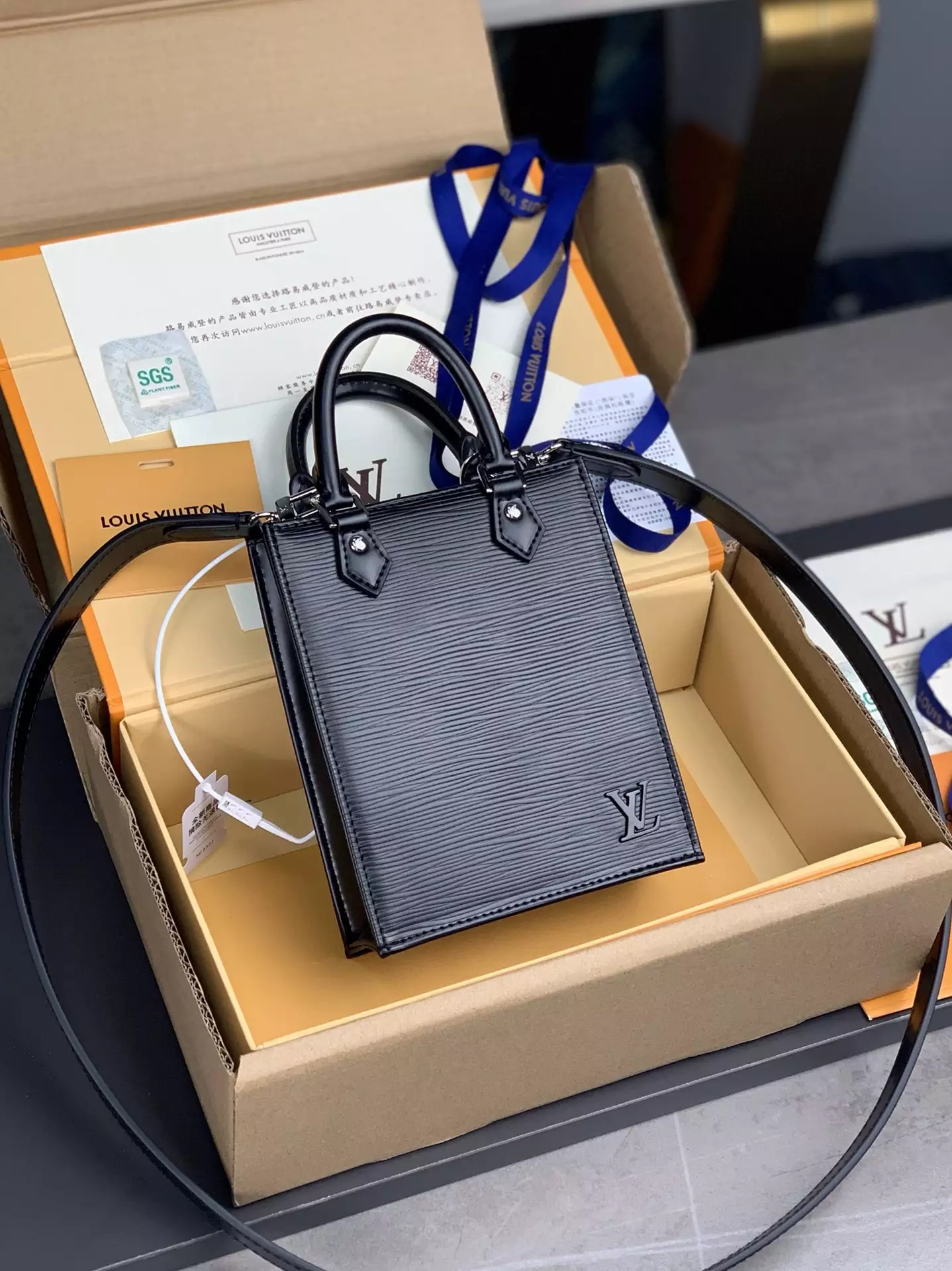 Petit Sac Plat Bag Black Epi Cowhide Leather