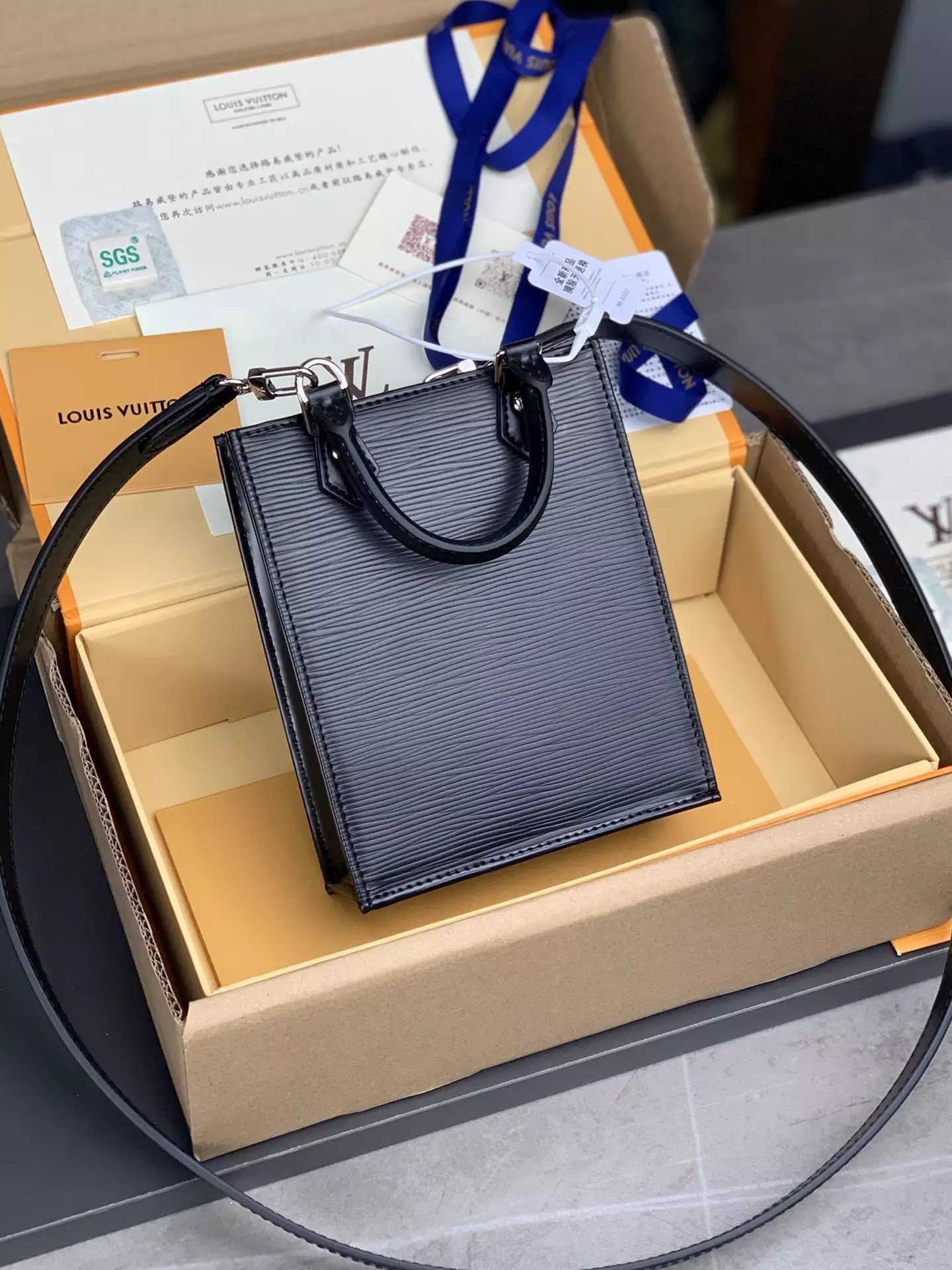 Petit Sac Plat Bag Black Epi Cowhide Leather