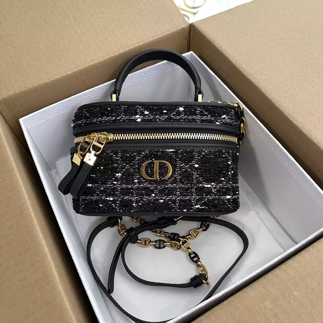 Dior Caro Mini Vanity Case Black Cannage Tweed Embroidery