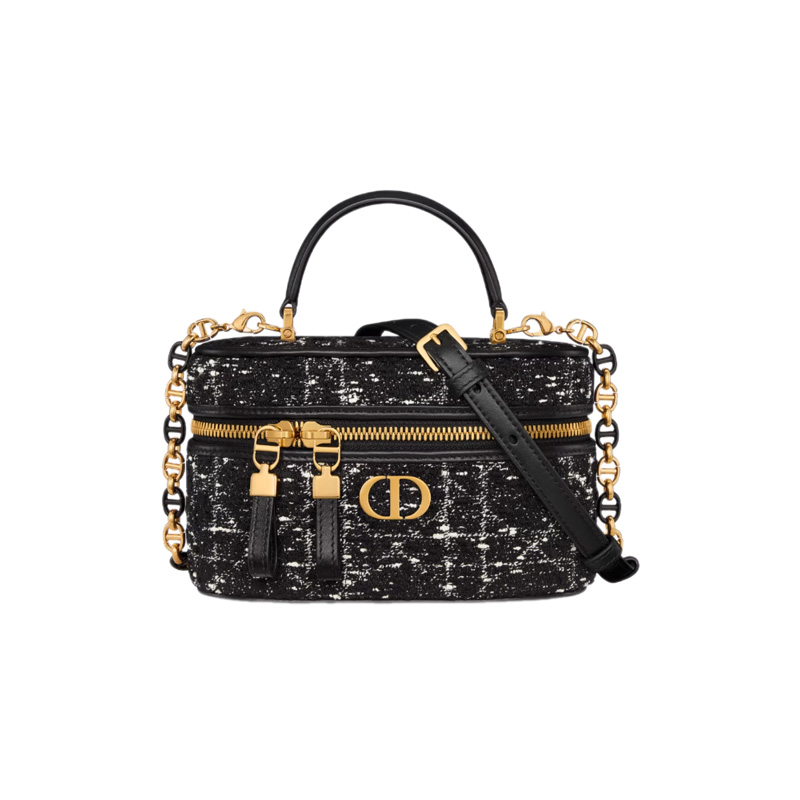 Dior Caro Mini Vanity Case Black Cannage Tweed Embroidery