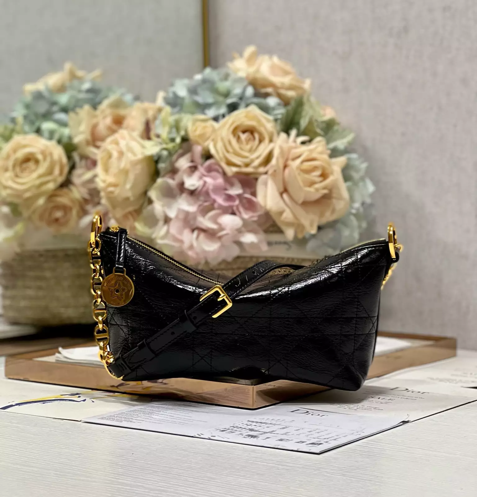 Diorstar Hobo Bag with Chain Black Macrocannage Crinkled Calfskin