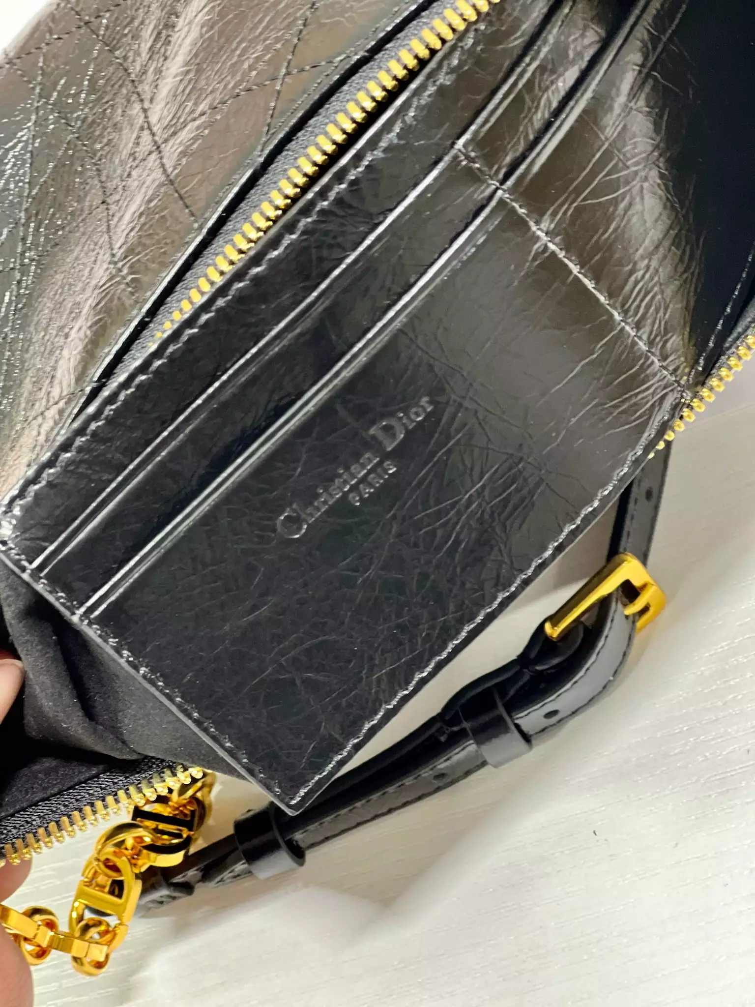 Diorstar Hobo Bag with Chain Black Macrocannage Crinkled Calfskin