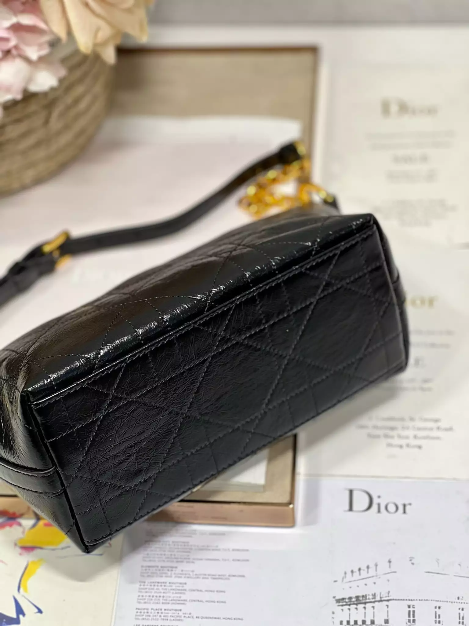 Diorstar Hobo Bag with Chain Black Macrocannage Crinkled Calfskin