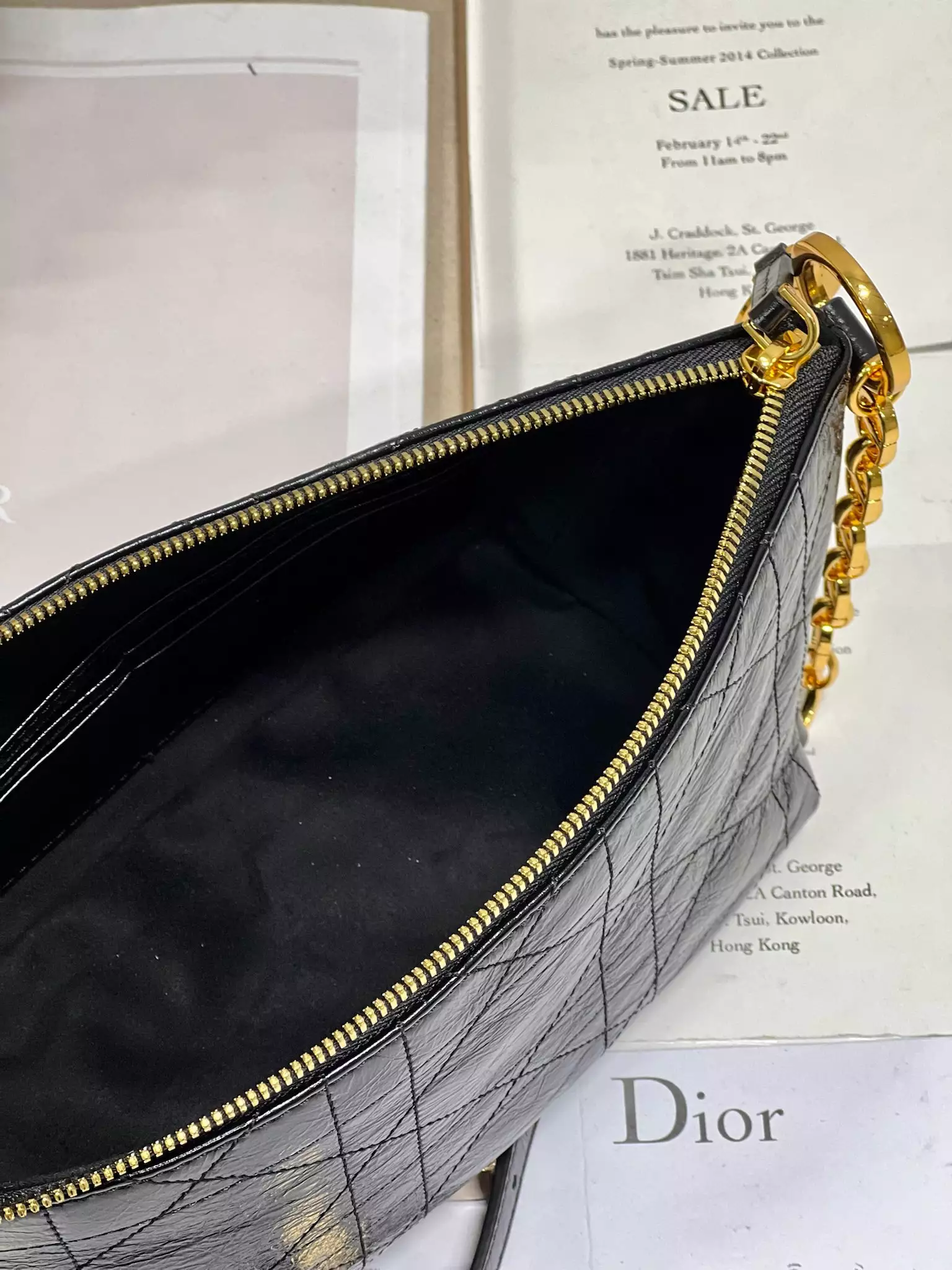 Diorstar Hobo Bag with Chain Black Macrocannage Crinkled Calfskin