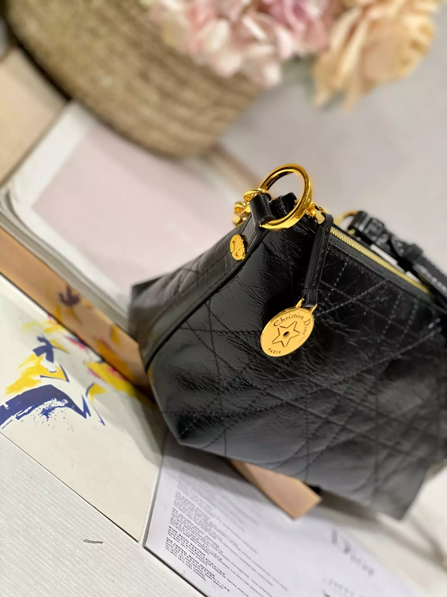 Diorstar Hobo Bag with Chain Black Macrocannage Crinkled Calfskin