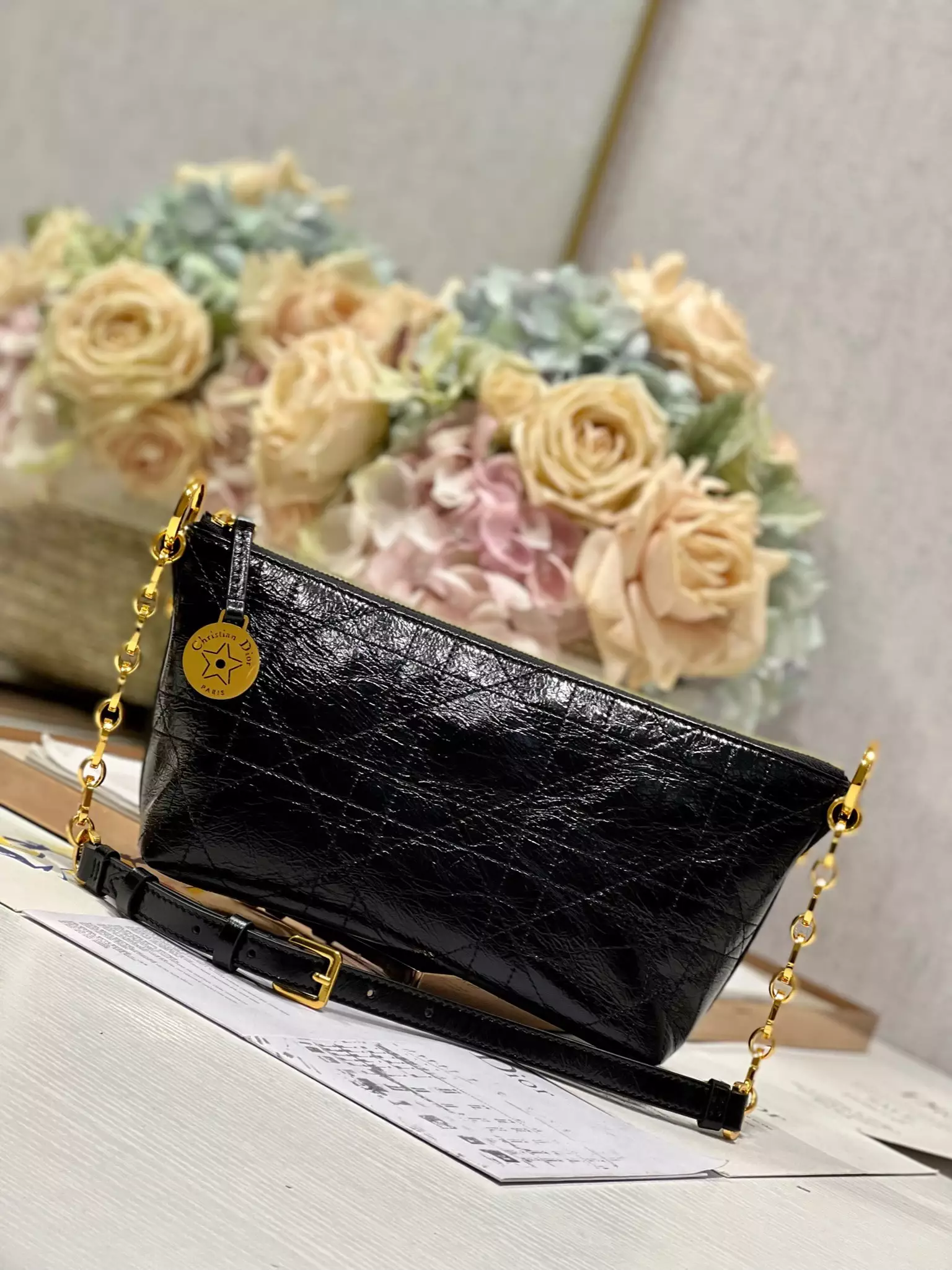 Diorstar Hobo Bag with Chain Black Macrocannage Crinkled Calfskin