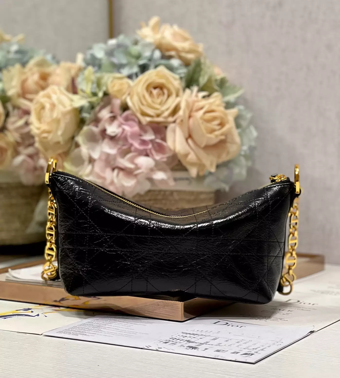 Diorstar Hobo Bag with Chain Black Macrocannage Crinkled Calfskin