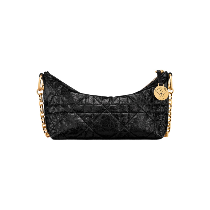 Diorstar Hobo Bag with Chain Black Macrocannage Crinkled Calfskin
