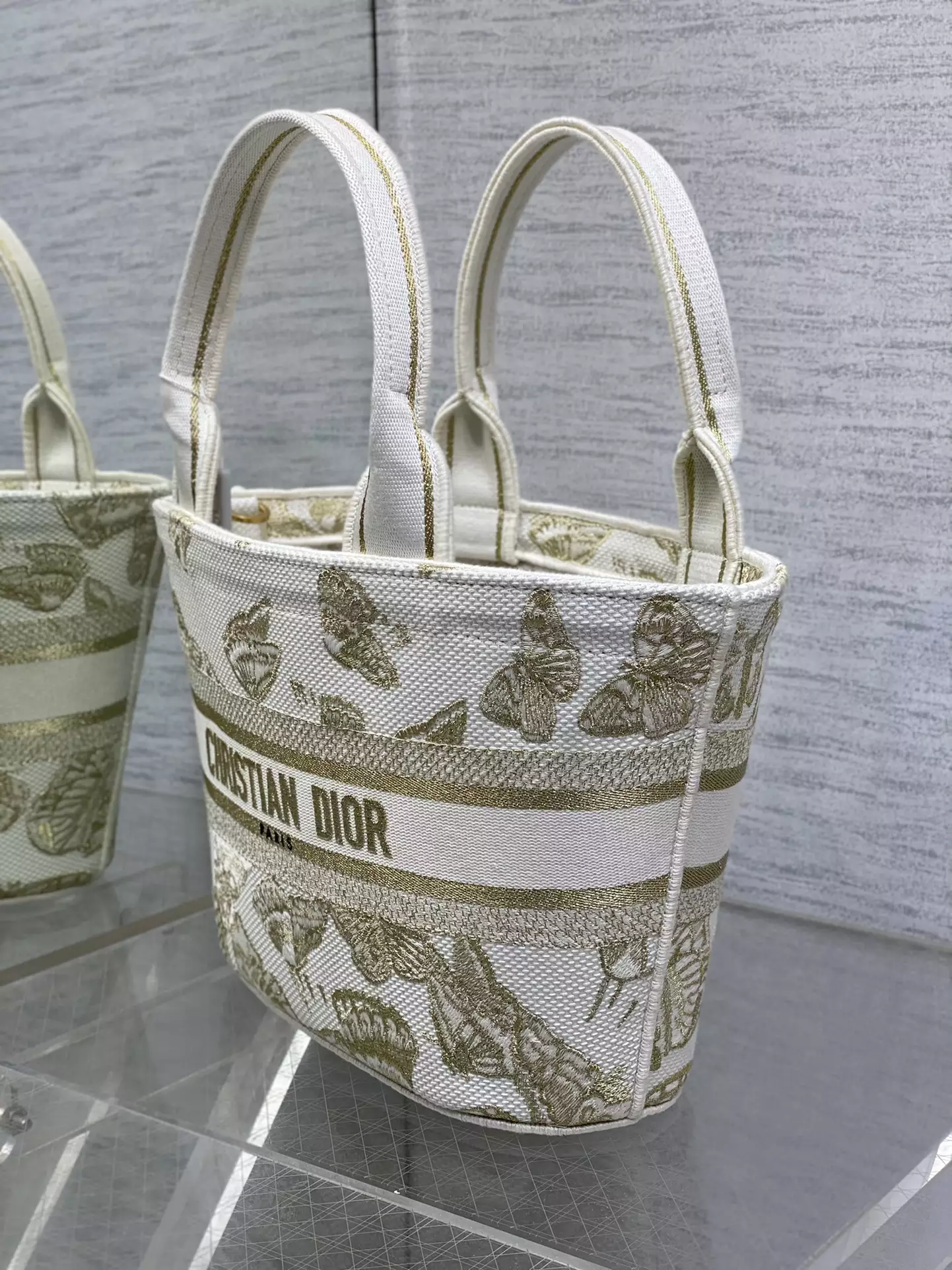 Hat Basket Bag White and Gold-tone Gradient Butterflies Embroidery