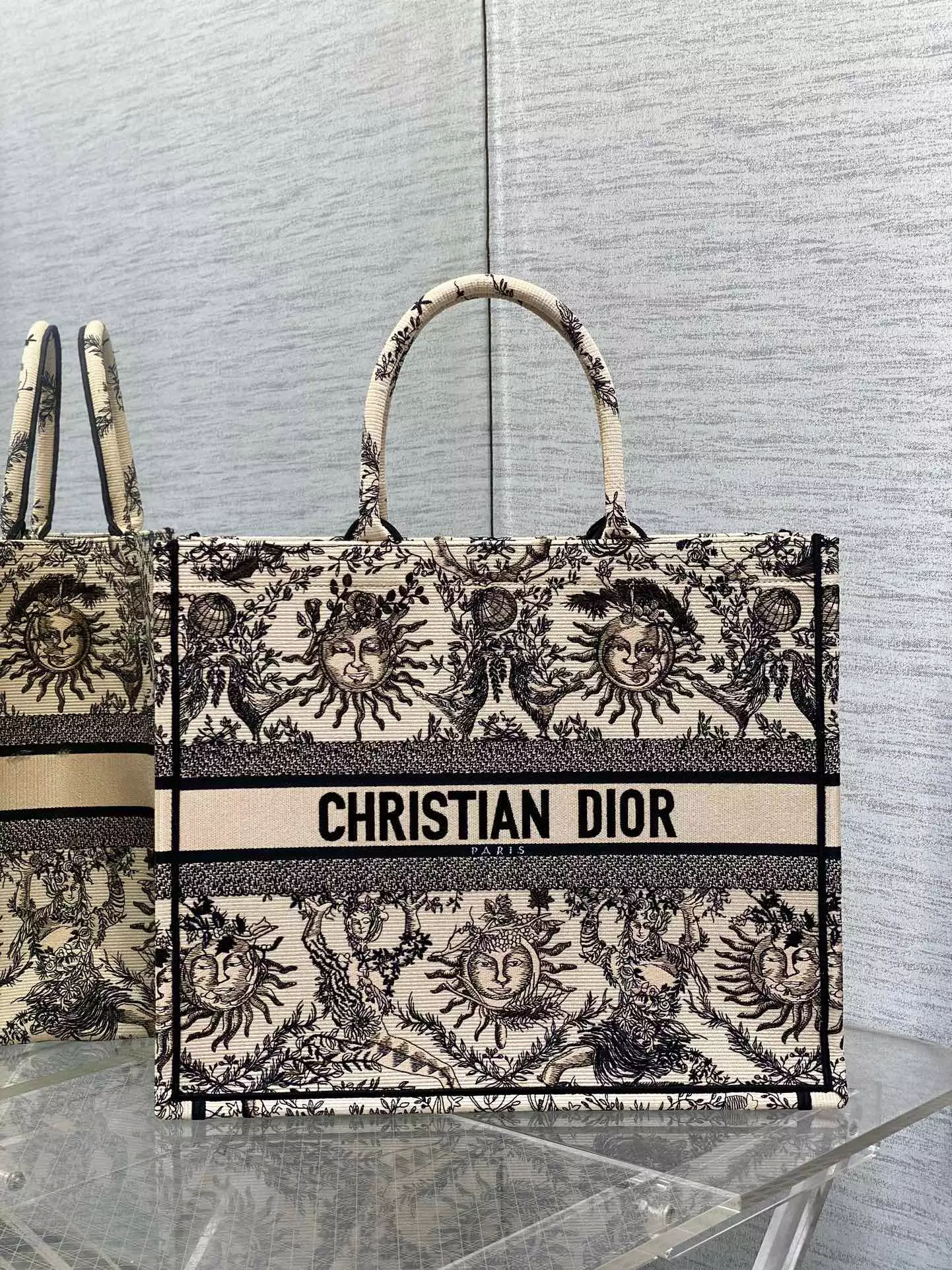Large Dior Book Tote Beige and Black Toile de Jouy Soleil Embroidery