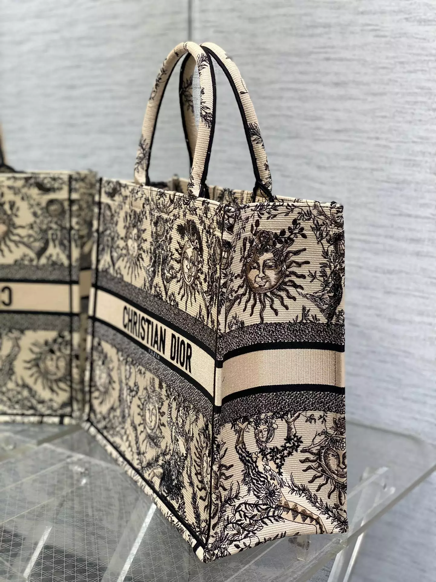 Large Dior Book Tote Beige and Black Toile de Jouy Soleil Embroidery