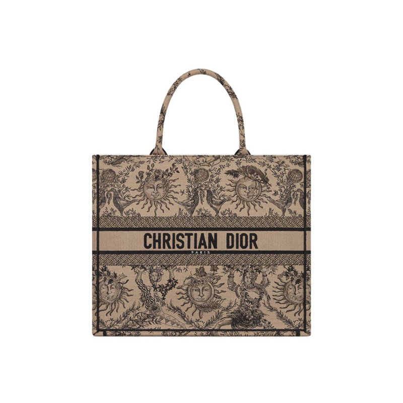 Large Dior Book Tote Beige and Black Toile de Jouy Soleil Embroidery