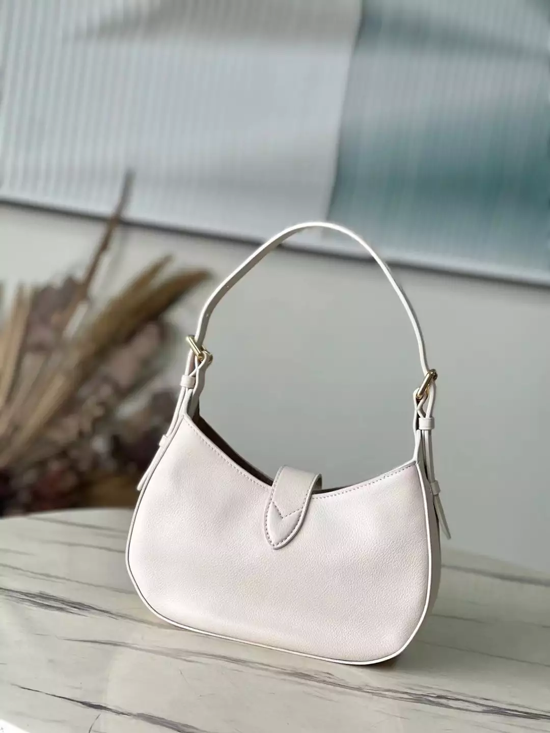 Low Key Shoulder Bag Limestone Gray Grained Calfskin