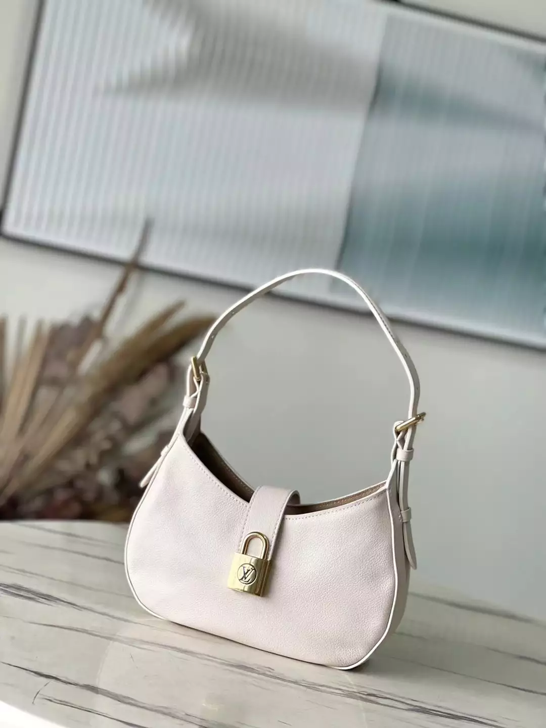 Low Key Shoulder Bag Limestone Gray Grained Calfskin