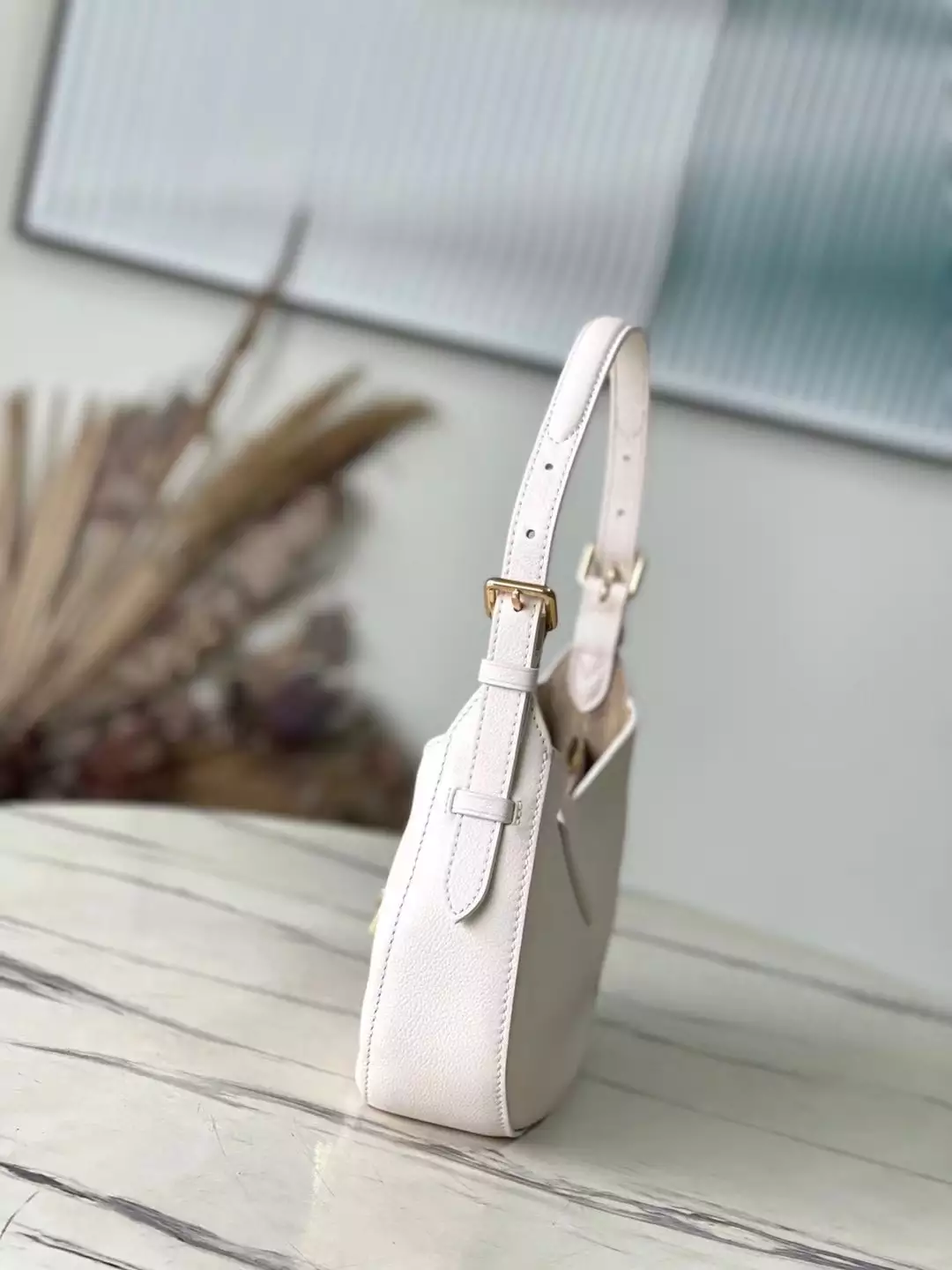 Low Key Shoulder Bag Limestone Gray Grained Calfskin