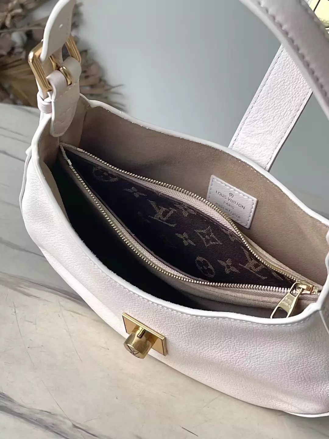 Low Key Shoulder Bag Limestone Gray Grained Calfskin