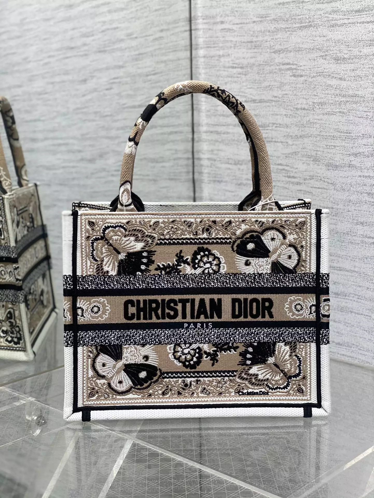 Medium Dior Book Tote Beige Multicolor Butterfly Bandana Embroidery