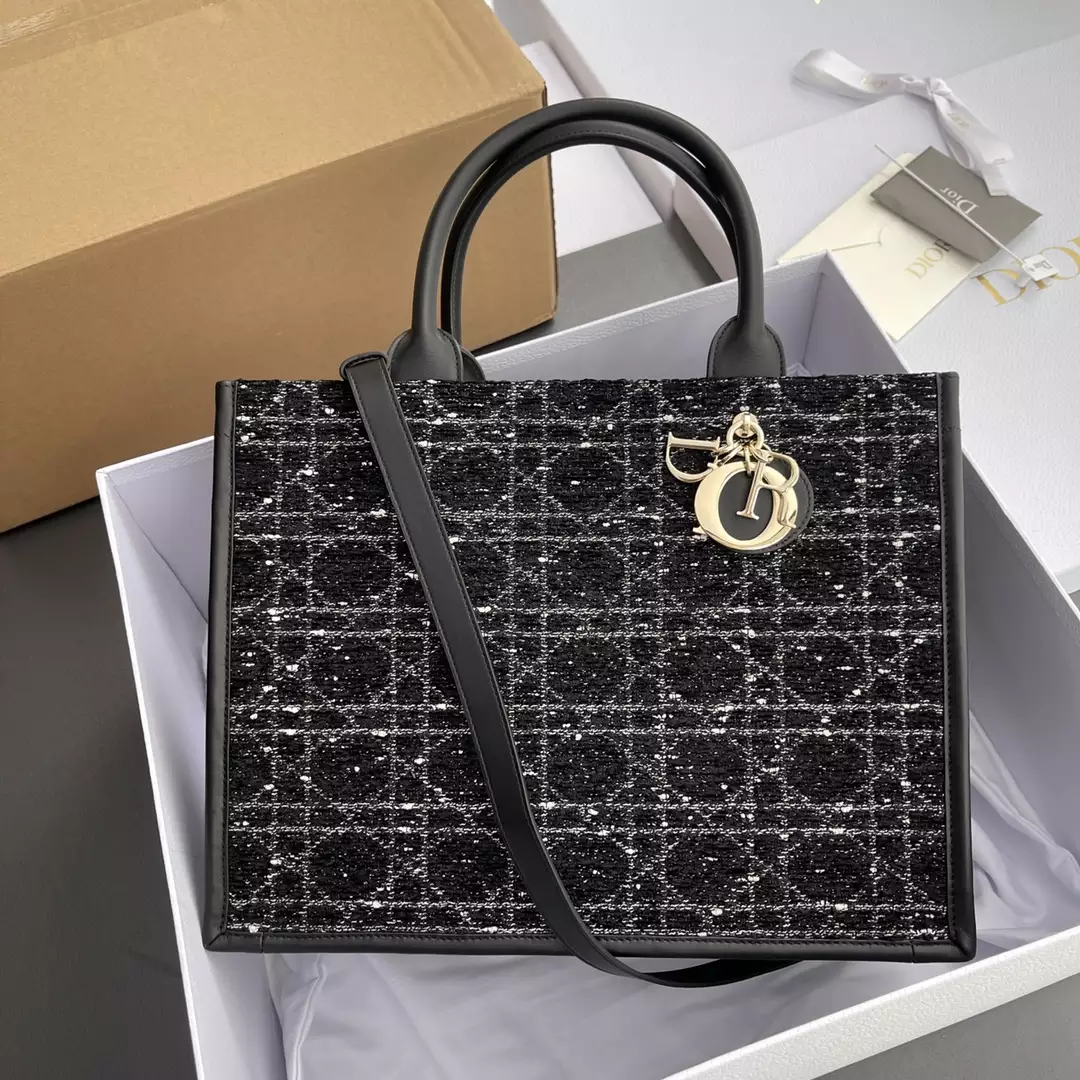 Medium Dior Book Tote Black Cannage Tweed Embroidery