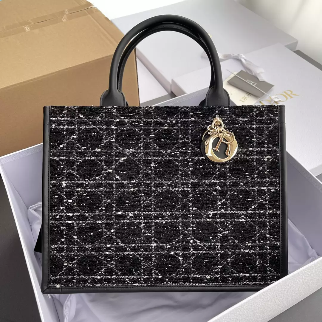 Medium Dior Book Tote Black Cannage Tweed Embroidery