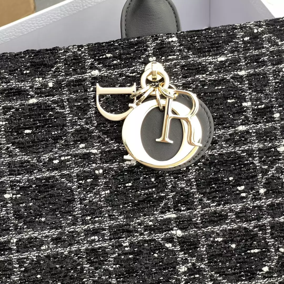 Medium Dior Book Tote Black Cannage Tweed Embroidery