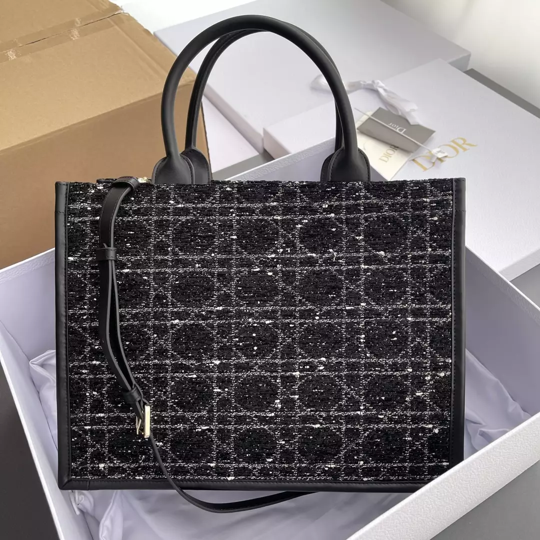 Medium Dior Book Tote Black Cannage Tweed Embroidery